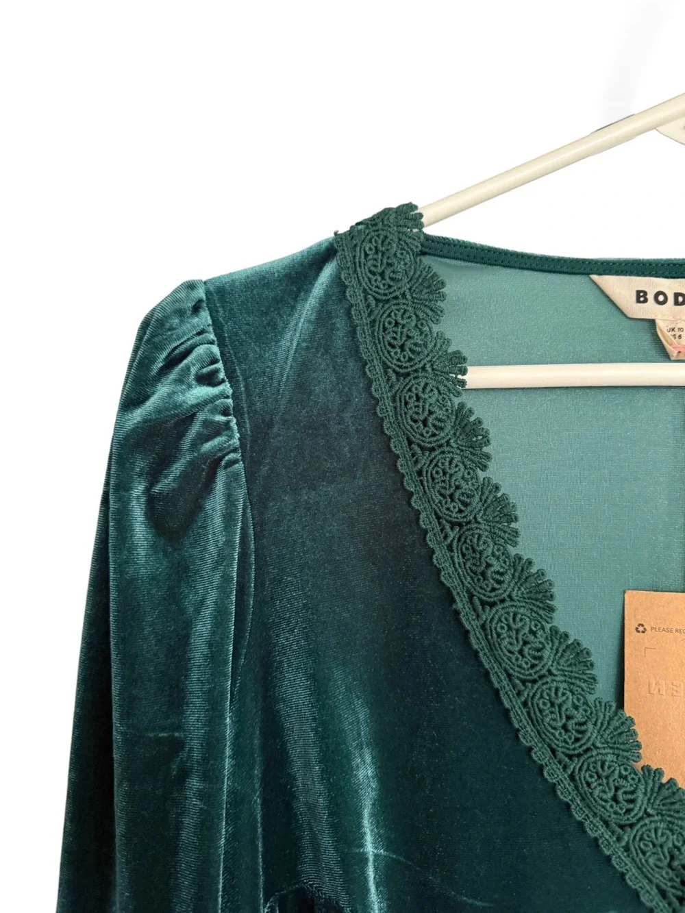 Boden Flora V-Neck Velvet Long-Sleeve Top Size 6 Lace Trim Puff Shoulders